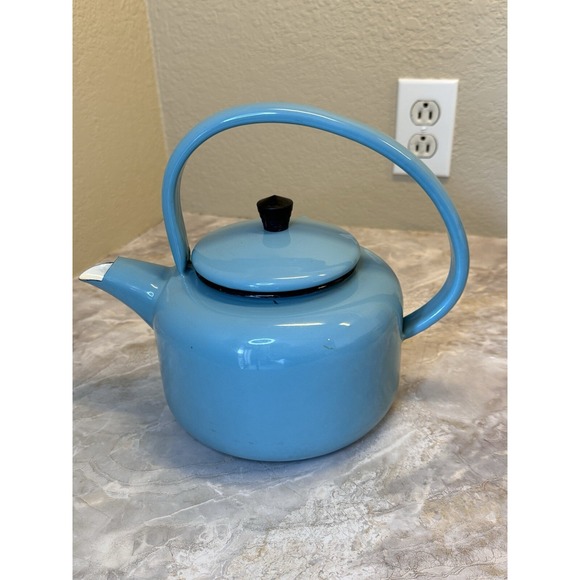 Aubequic Other - Vintage Blue Enamel Tea Kettle Stovetop Pot Mid Century Farmhouse Decor